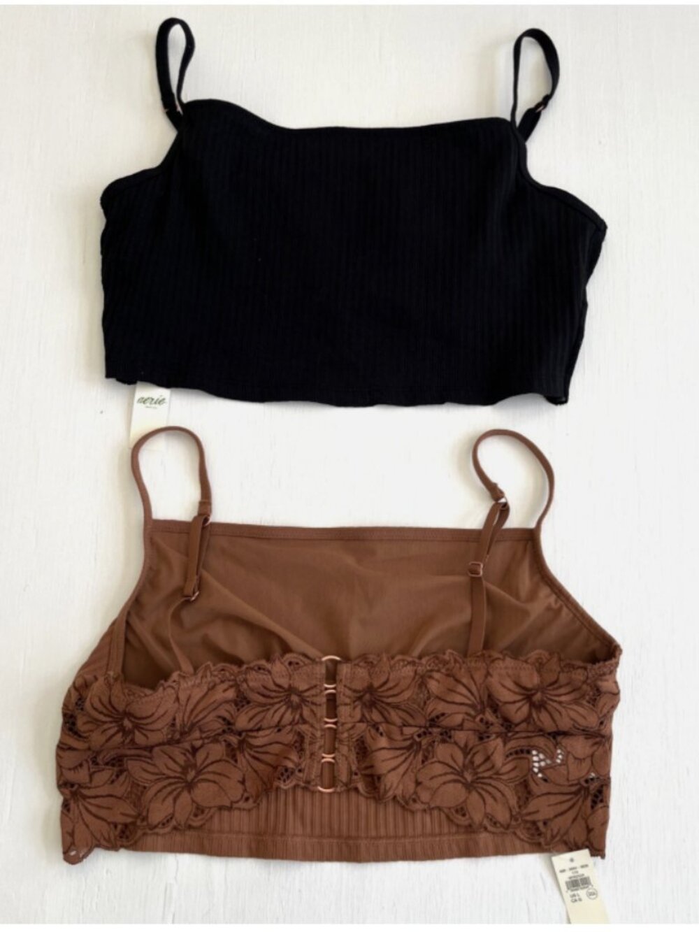 AERIE Two Ribbed Crop Tank Tops Lace Back Adjustable Strap Black/Brown L NWT